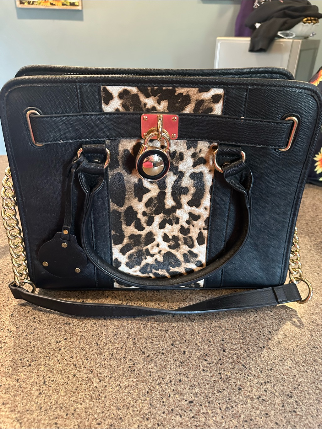 Black And Leopard Print Satchel Tote Bag